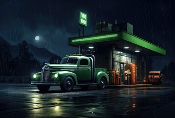 Vintage truck parked at a retro gas station under the nighttime glow.