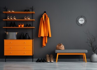 Stylish living room with gray wall and orange shelves.