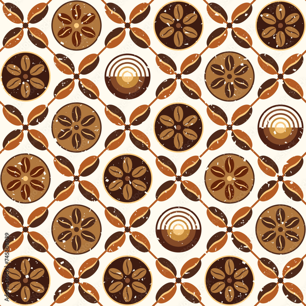 Poster seamless geometric pattern with icons of coffee beans in diagonal square grid. old shabby texture. s