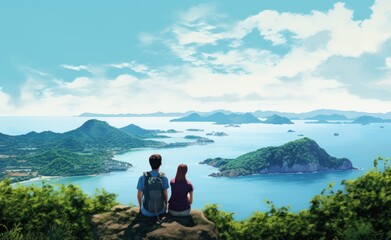 Two People Standing on Top of a Hill Overlooking a Lake