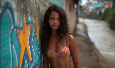 Latina bikini fashion model in Brazil, Rio de Janeiro: Attractive curly-haired young and sexy  latina woman posing outdoor by graffiti wall, wearing colorful bikini.