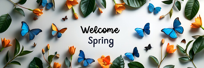 Spring card for the holiday of the vernal equinox with the text welcome spring, showing awakened nature. Banner suitable for design. - obrazy, fototapety, plakaty