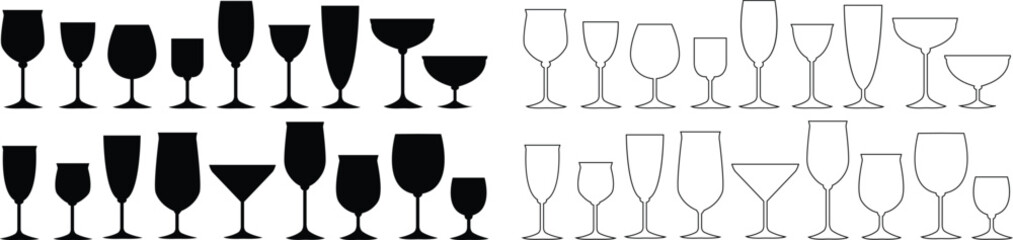 Wine glasses icons set simple symbol of bar, restaurant. isolated on transparent background. Various wine glass flat or line vector black silhouette collection for mobile concept and web design. - obrazy, fototapety, plakaty