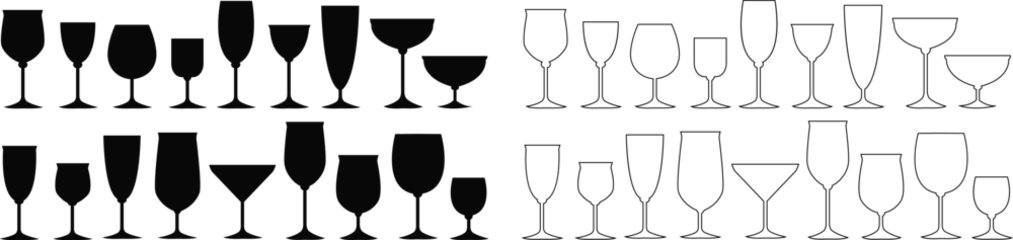 Fotobehang Wine glasses icons set simple symbol of bar, restaurant. isolated on transparent background. Various wine glass flat or line vector black silhouette collection for mobile concept and web design. © Ali