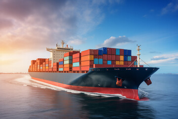 Container cargo ship, Global business import export commerce trade logistic and transportation worldwide by container cargo ship boat in the open sea, Freight shipping maritime vessel  - obrazy, fototapety, plakaty