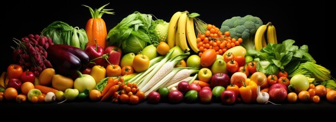 Colorful array of fresh vegetables and fruits lined up on a dark background.