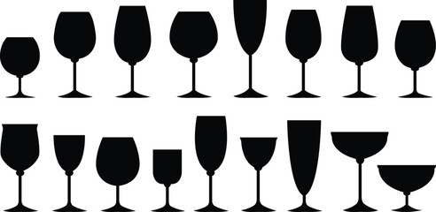 Wine glasses icons set simple symbol of bar, restaurant. isolated on transparent background. Various wine glass flat vector black silhouette collection for mobile concept and web design.