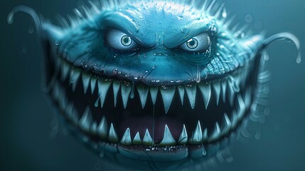 Close-up of the monster with a wicked grin full of sharp teeth. Evil creature. Creepy grimace of a scary character. Illustration for varied design.