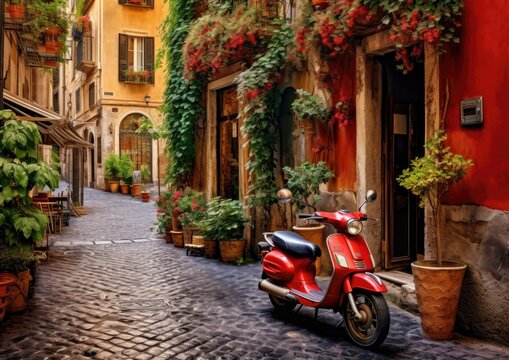 Fototapeta Red scooter parked on cobblestone street.
