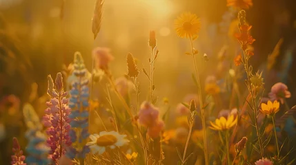 Foto op Plexiglas Campo de Cores Closeup com flores silvestres em tarde dourada desfocando em suavidade ao fundo © Alexandre