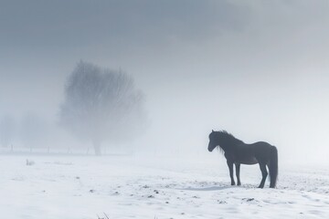 A horse stands in a snowy field under a cloudy sky