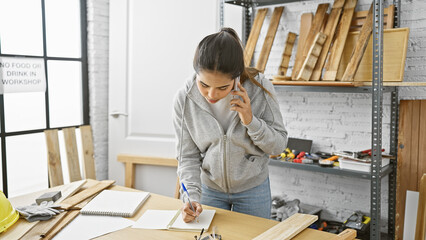 Hispanic woman multitasking in a carpentry workshop, talking on the phone while taking notes.