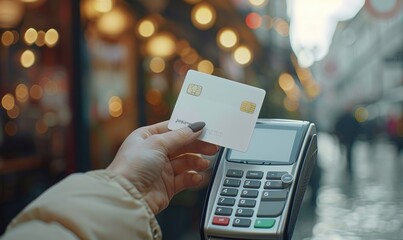 Woman holding a credit card above a payment terminal