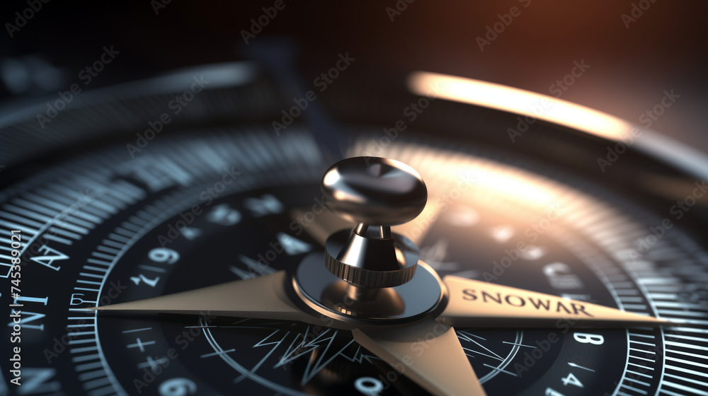 Poster realistic conceptual 3d render image with depth of field blur effect. compass with the needle pointi