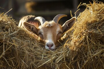 Goat resting in a haystack, surrounded by grass and fawn