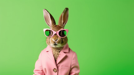 Rabbit with glasses. Close-up portrait of a rabbit. Anthopomorphic creature. A fictional character for advertising and marketing. Humorous character for graphic design. - 745389018