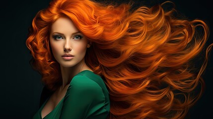 Fototapeta premium Beautiful female face with powerful silky hair and chic hairstyle done in a beauty salon. Perfect image of a beautiful red-haired woman with developing hair. Illustration for beauty magazine.