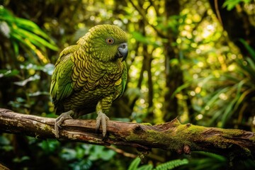 A green parrot sits on a tree branch in the jungle