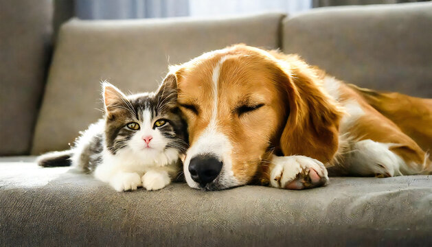 寄り添う犬と猫。ペット。家族。仲良しな犬と猫のイメージ。A dog and cat cuddling. pet. family. An image of a friendly dog and cat.