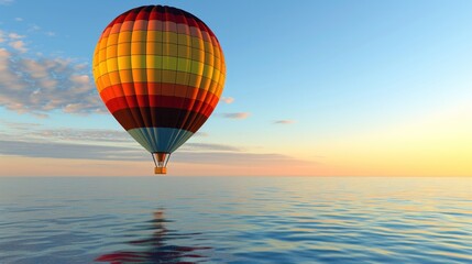 Obraz premium a multicolored hot air balloon flying over a body of water with a blue sky and clouds in the background.