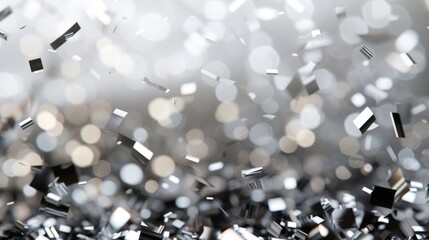 Sparkling silver confetti falls amidst glowing lights, creating a festive, celebratory atmosphere.