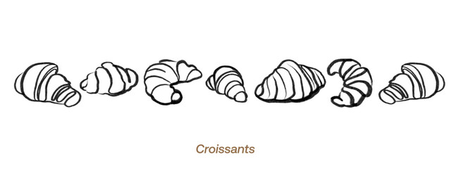 Isoplated vector set of croissants. Bakery. Hand drawn and chalked cookies, barolls, pies, cakes, pastries. Vintage template with pastries sketch. Fresh bakery. Shop. Template.