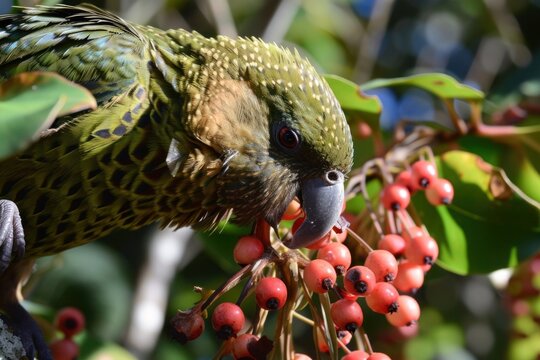 A Parrot with a green plumage is feeding on red berries from a tree branch
