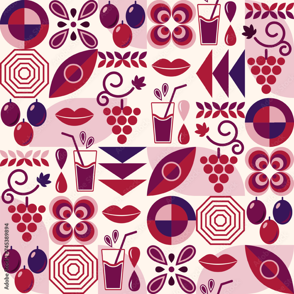 Poster grape juice background with design elements in simple geometric style. seamless pattern with abstrac
