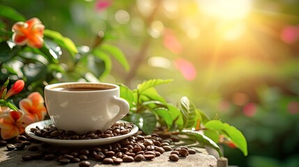 Cup of coffee on summer table garden terrace. Background concept