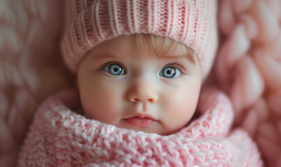 Winter Baby Portrait in Pink Knitwear, Close-Up of Infant with Blue Eyes - obrazy, fototapety, plakaty