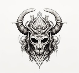 Skull with horns and helmet on white background.