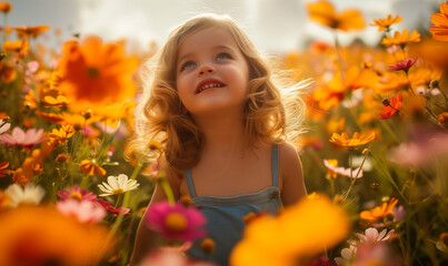 Joyful Child in Spring Flower Field, Sunny Summer Hat Girl