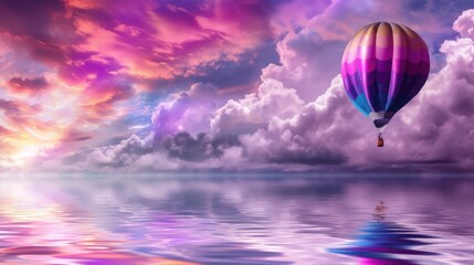 Obraz premium a hot air balloon flying over a body of water under a purple and blue cloudy sky with a few clouds.