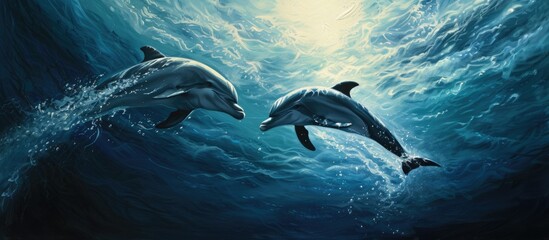 Naklejka premium The painting depicts two dolphins playfully swimming beneath sunlit waves in a deep blue ocean. The graceful movements of the dolphins are captured in a moment of joy and freedom.