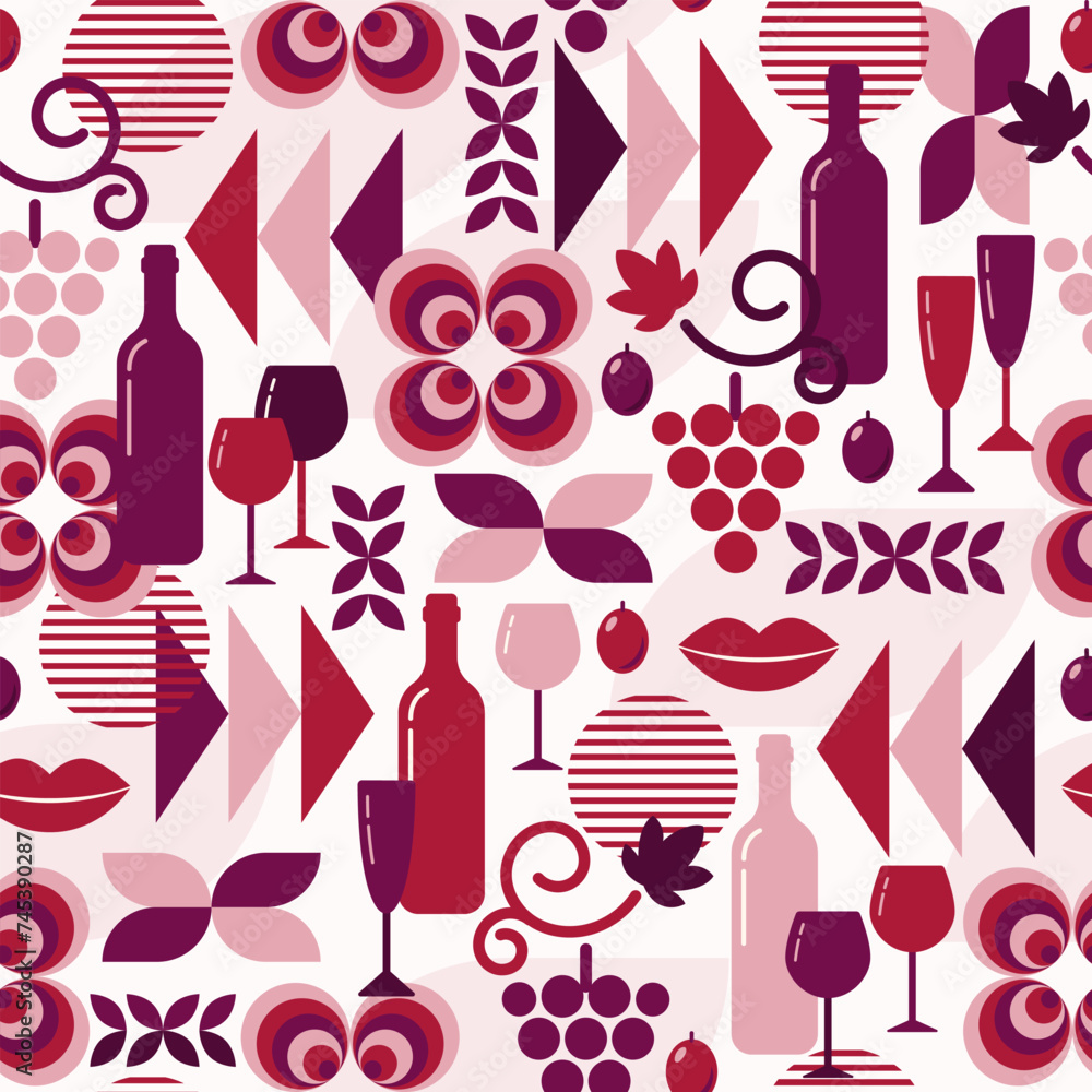 Poster red wine theme background with design elements in simple geometric style. seamless pattern with abst