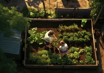 Two Children Engaged in Urban Gardening During a Sunny Afternoon