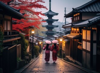 Two geisha walking down a path in the rain.
