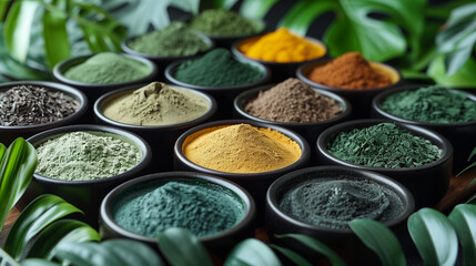 Different type of cosmetic ingredient powder form like clay, maca, curcuma, green tea, matcha powder between tropical leaves