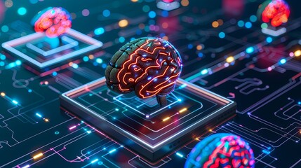Electronic circuit board or scheme close up. The concept of artificial intelligence. An abstract button designed as a glowing brain. Turn on your mind energy. Technologies of the future. Illustration.