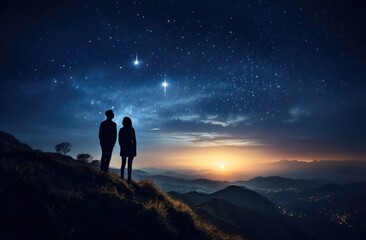 Two people standing on mountain summit at night