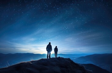 Two people standing on mountain summit at night.