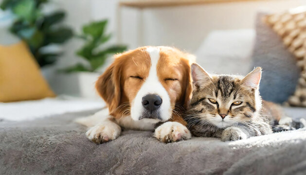A dog and cat cuddling. pet. family. An image of a friendly dog and cat.