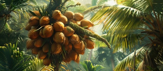 A cluster of ripe coconuts hangs abundantly from a lush and majestic tree, showcasing the natural beauty of the tropical fruit growing in its natural habitat.
