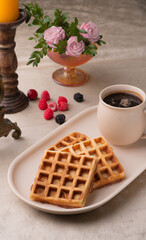 Two Viennese waffles on a beige dish on a table