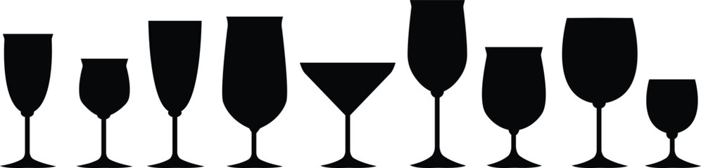 Wine glasses icons set simple symbol of bar, restaurant. isolated on transparent background. Various wine glass flat vector black silhouette collection for mobile concept and web design.