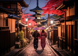 Fototapeta na wymiar Evening Stroll by a Pagoda: Two Women in Kimonos Walking Through Kyotos Alleys