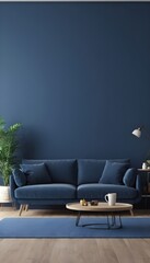 a contemporary living area with a dark blue wall, a blue sofa with a coffee table, and a 3D depiction