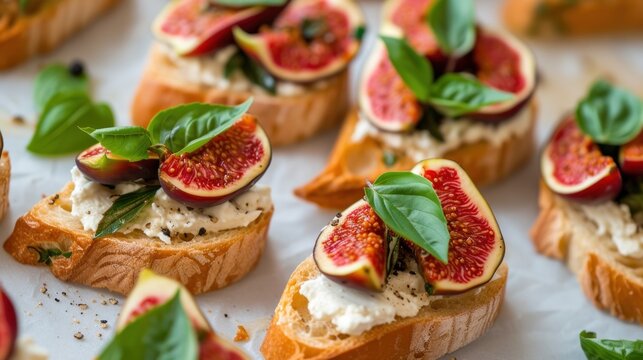 a close up of a bunch of bread with figs and cheese on top of it and leaves on top of the bread.
