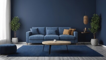 a contemporary living area with a dark blue wall, a blue sofa with a coffee table, and a 3D depiction