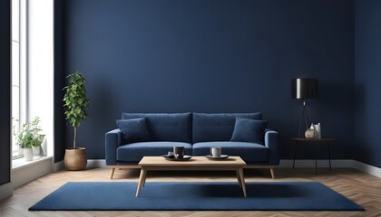 a contemporary living area with a dark blue wall, a blue sofa with a coffee table, and a 3D depiction